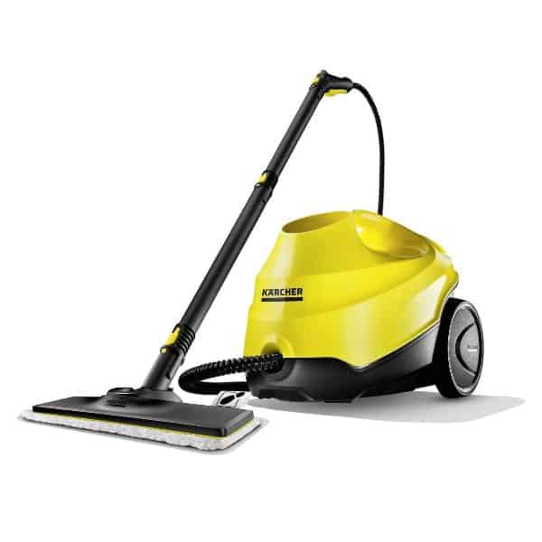 A yellow canister style steam cleaner